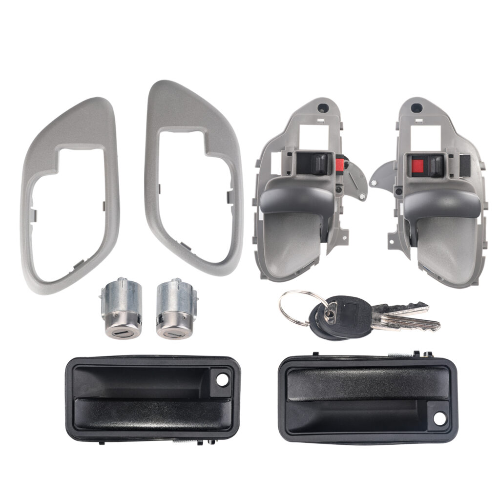 Exterior & Interior Door Handle w/ Bezel (Grey) & Door Lock Cylinder Compatible with 1995-2000 Chevy GMC Truck C1500 C2500 C3500 K1500 K2500 K3500 Suburban Tahoe Yukon